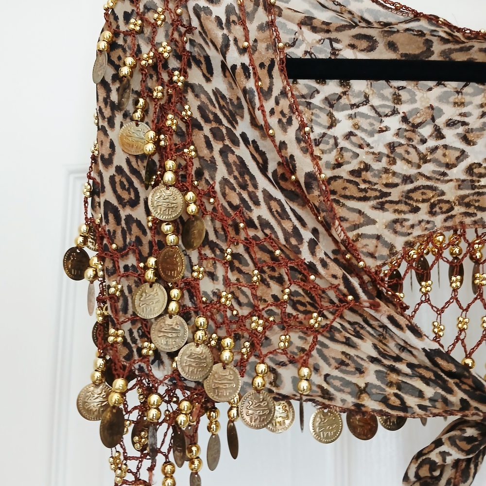 Leopard Print Scarf with Gold Coin Accents - Picture 3 of 11